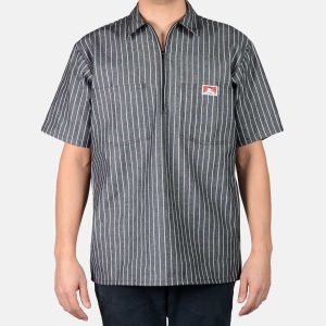 Short Sleeve Striped 1/2 Zip Shirt - Butcher Stripe