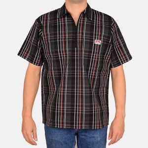 Short Sleeve Plaid 1/2 Zip Shirt - Black/Red