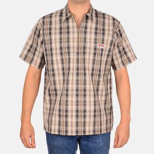 Short Sleeve Plaid 1/2 Zip Shirt - Khaki/Grey