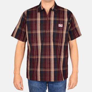 Short Sleeve Plaid 1/2 Zip Shirt - Burgundy
