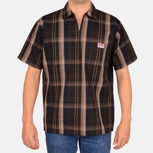 Short Sleeve Plaid 1/2 Zip Shirt - Brown